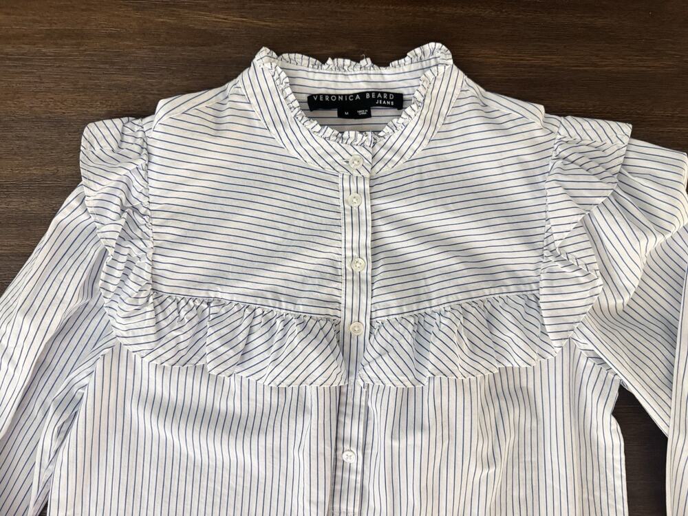 Veronica Beard Blouse Womens Medium White Blue Stripe Ruffle Button Up Shirt